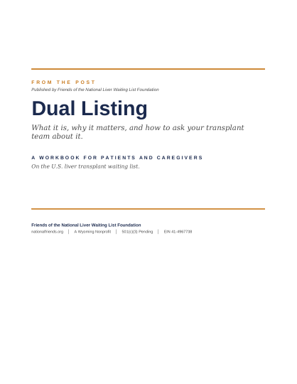 Cover of the National Friends Dual Listing Guide workbook — a 31-page fillable PDF for liver transplant patients